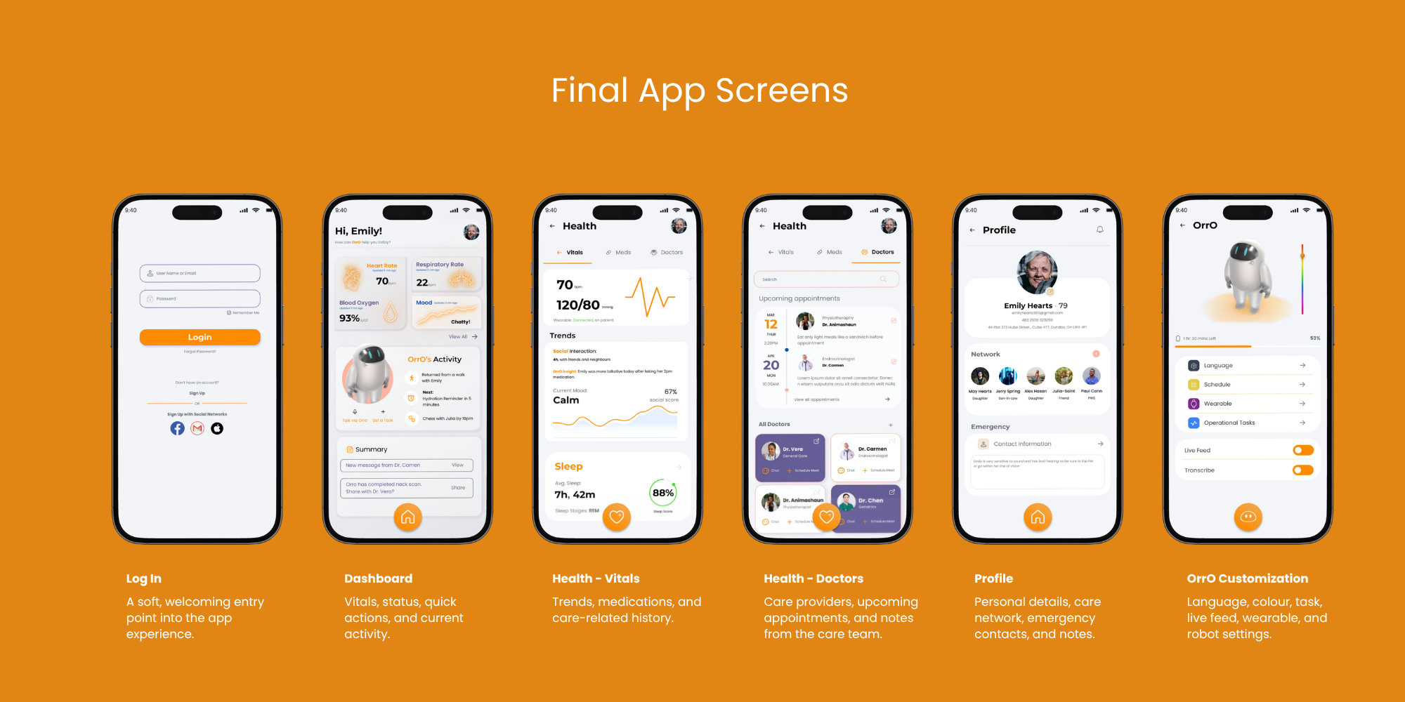 OrrO final app screens including login, home dashboard, health vitals, health doctors, profile, and customization