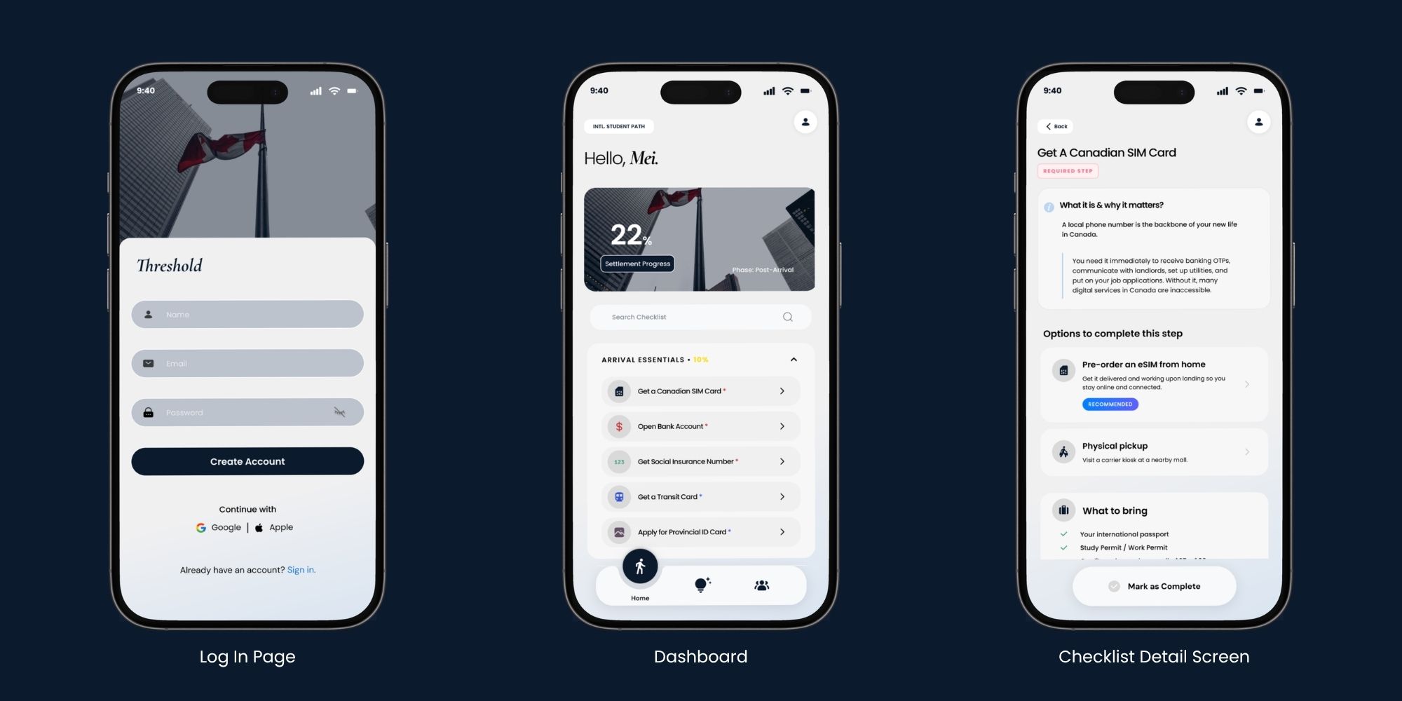 Threshold mobile platform dashboard and checklist interface