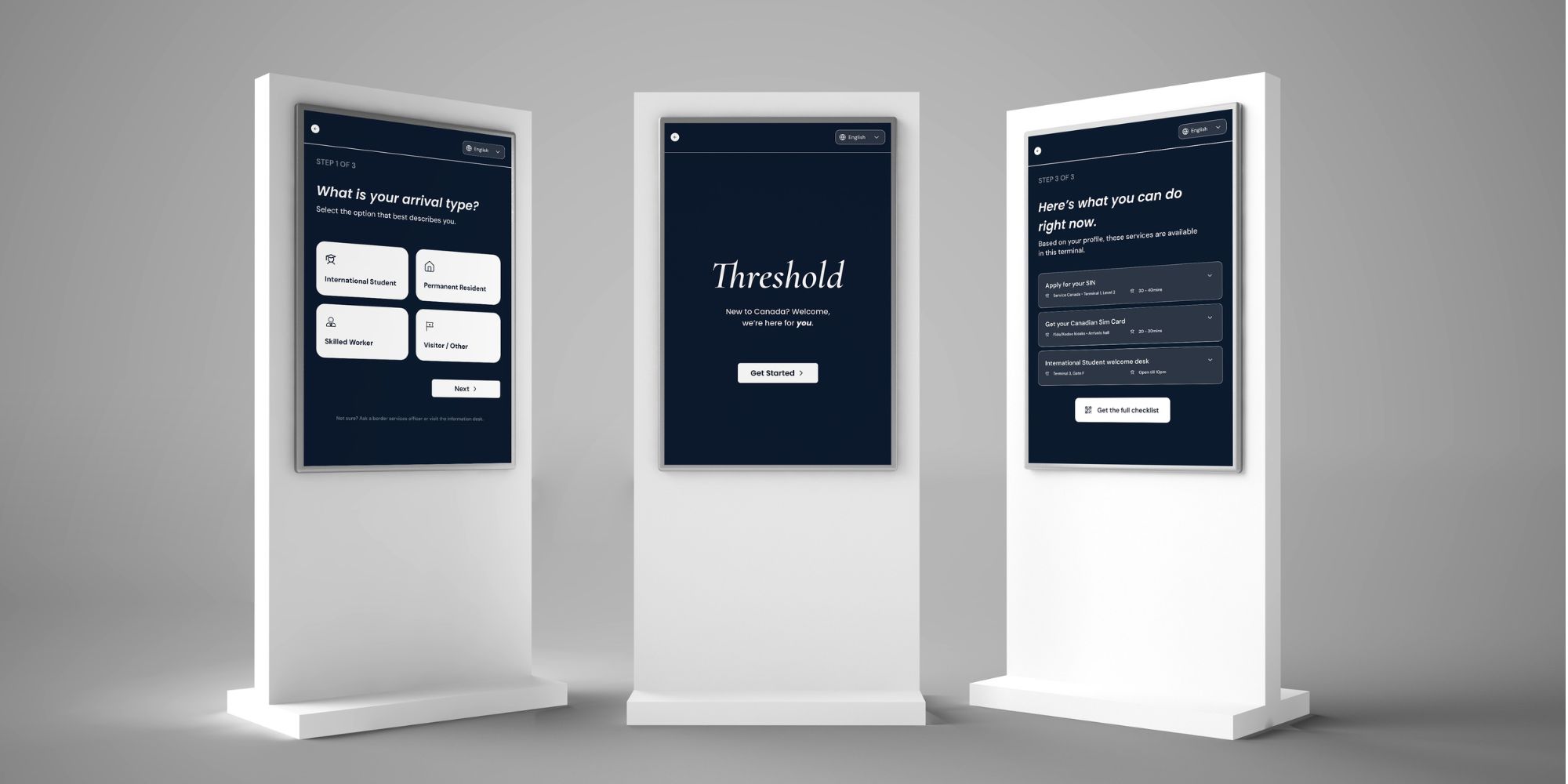 Threshold airport kiosk interface screens
